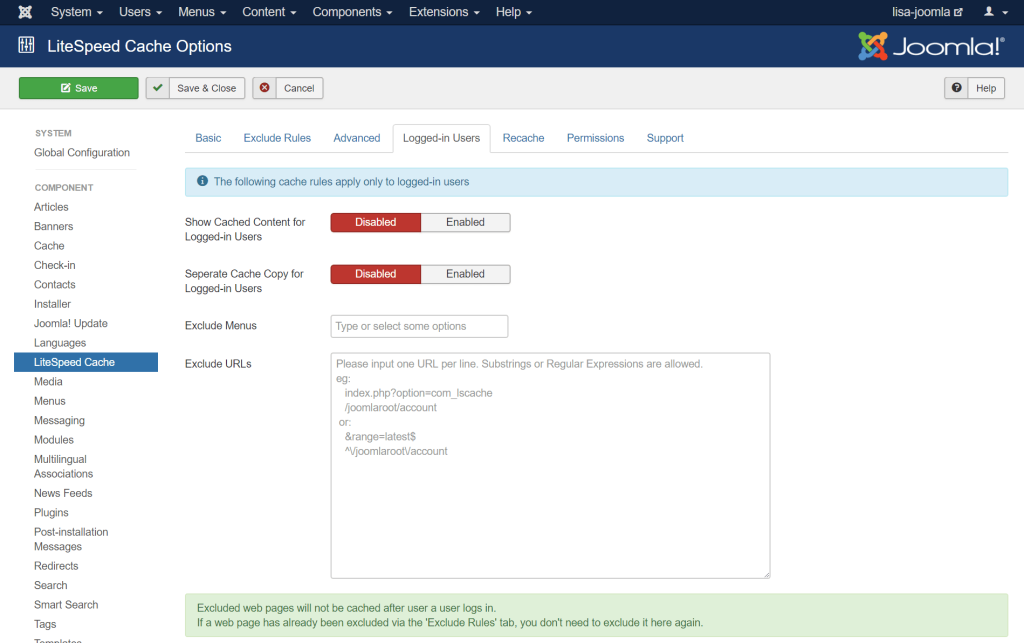 Caching Logged-in Users in Joomla: Logged-in Users Configuration Screen