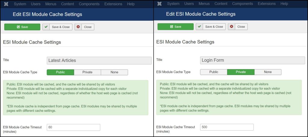 Using ESI in Joomla: ESI Module cache settings