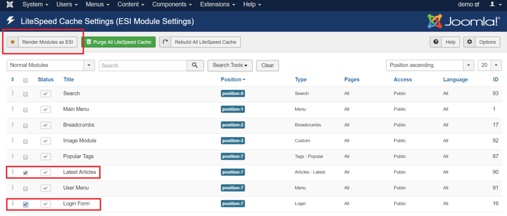 Using ESI in Joomla: Module settings screen before