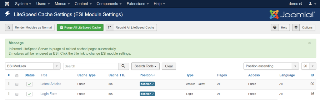 Using ESI in Joomla: Module settings screen after
