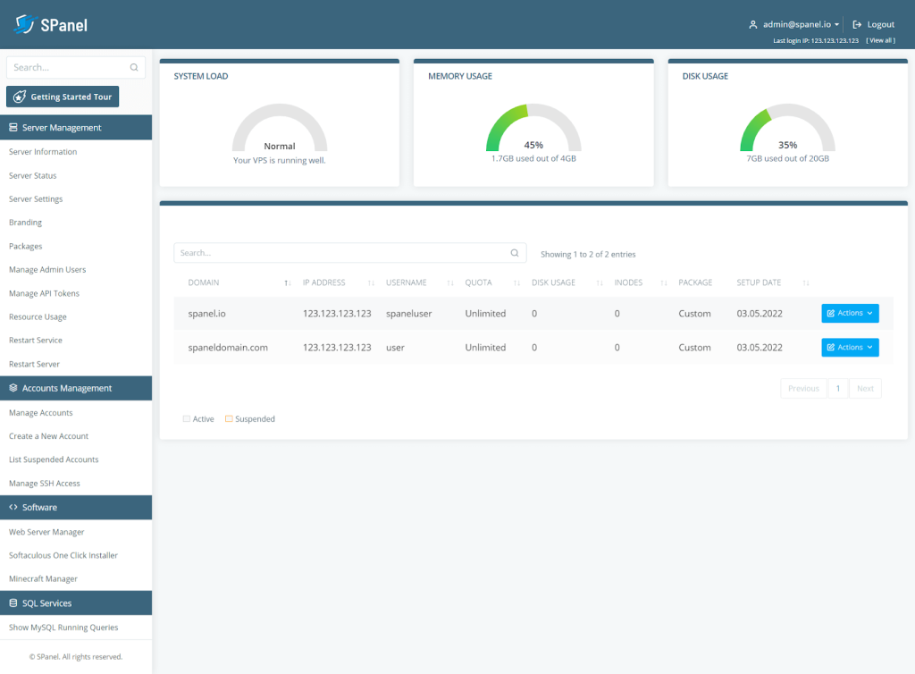 SPanel LiteSpeed Web Server admin interface